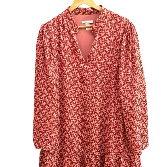 London Times Woman Red Pink Gold Geometric Print Tiered Midi Length Dress 20W - Picture 2 of 6